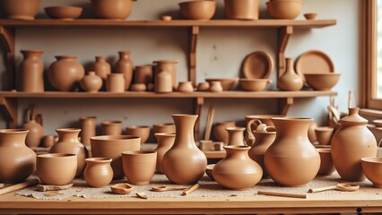 Handmade clay pottery in a traditional workshop filled with earthy tones and crafting tools showcasing the artistry of ceramic creation and artisanal techniques