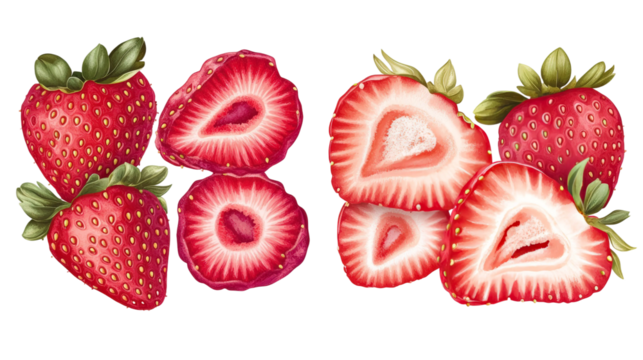Fresh and Juicy Strawberries with Sliced Versions, Showcasing Bright Red Color, Green Leaves, and Natural Texture for Food and Health Themes