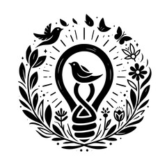 Eco-Friendly Bird & Lightbulb Logo: Nature & Innovation in Monochrome