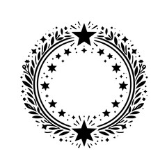 Celestial Wreath: Black Star & Leafy Frame on White