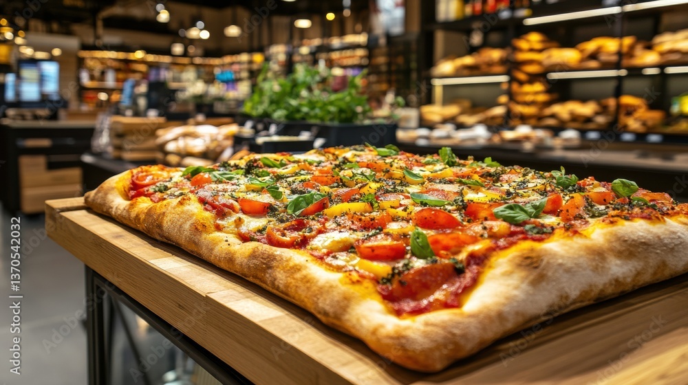 Poster freshly baked large pizza with vibrant toppings displayed in modern grocery store setting