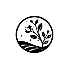 Minimalist Botanical Logo Design, Black and White, Circle Emblem