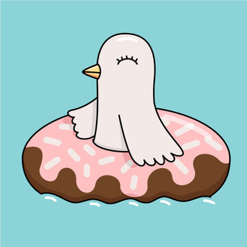 Cute Bird on Donut Float in Pastel Style Vector Character Illustration