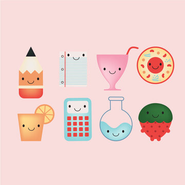 Cute Fruit Drinks and Studying Icon Characters in Pastel Illustration