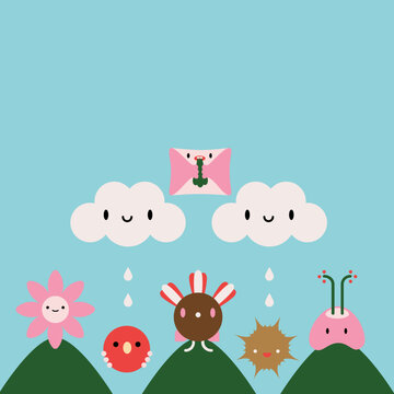 Cute Minimalist Characters Smiling with Mountains, Clouds and Flowers in Pastel Colors Vector Illustration