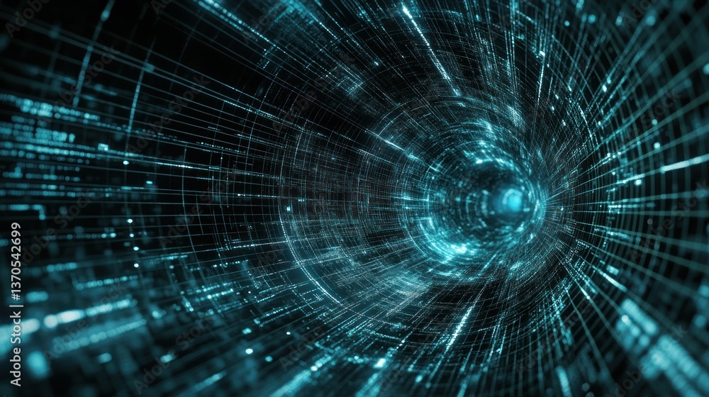 Poster abstract digital tunnel with glowing lines and data flow