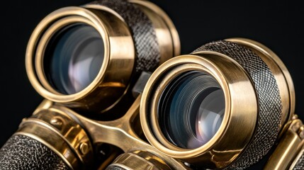 A detailed macro view of antique gold colored binoculars