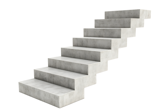 A set of concrete stairs ascending against a black background in a studio setting view from below