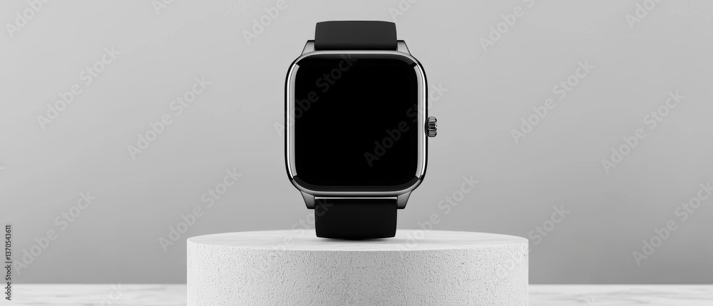Poster smartwatch displayed on a pedestal against a minimalist background emphasizing its sleek design and 