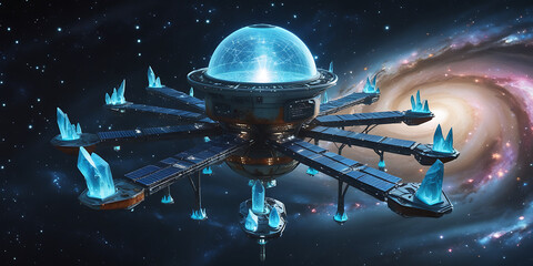 Naklejka premium Futuristic Space Station with Transparent Dome Surrounded by Crystalline Structures