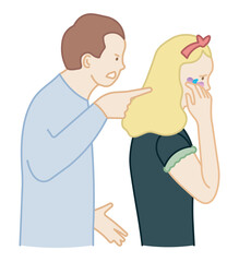 Illustration of physical violence in the family. The husband shouts at the woman. The aggressor hits the woman in the face. Crime. Concept of a banner, poster, brochure.