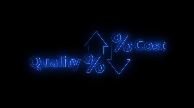 Quality with up neon arrow and cost with down neon arrow on black background.virtual cost and quality icons to Improve work efficiency for quality control and company cost reduction.