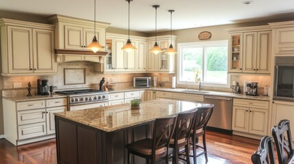 A well lit and designed kitchen with island and seating