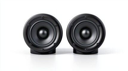 Two black audio speakers placed side by side on a white surface, emphasizing their sleek design and sound capabilities.