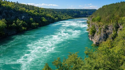 Obraz premium A scenic river flowing between lush green trees and rocky banks