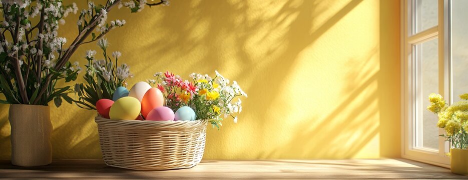 Colorful Easter eggs in a basket beside blooming flowers on a sunny yellow background. - Powered by Adobe