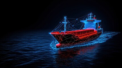 Fototapeta premium Futuristic Cargo Ship: A Digital Vessel Sailing the Night Sea