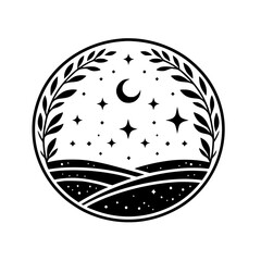 Celestial Night Landscape: Moon, Stars & Botanical Circle