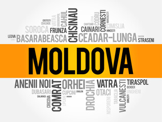 List of cities in Moldova word cloud collage, education and travel concept background