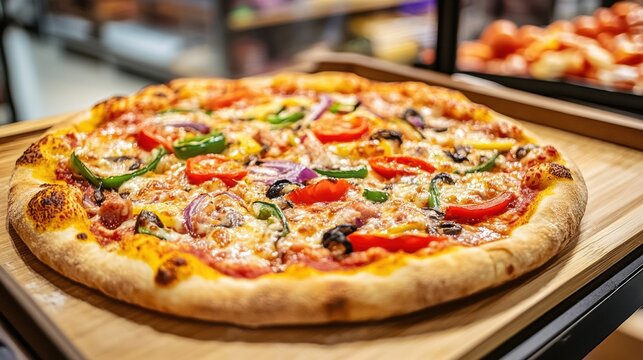 Freshly baked large pizza with vibrant toppings displayed on a wooden tray in a modern grocery store setting showcasing delicious food options