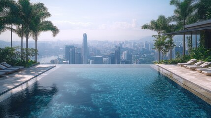 Fototapeta premium Panoramic city rooftop infinity pool