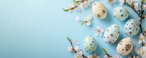 Fototapeta premium Colorful Easter eggs decorated with floral designs and blossoms on a light blue background.