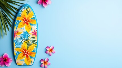 Colorful surfboard surrounded by tropical flowers on a light blue background, evoking a beach and summer vibe.