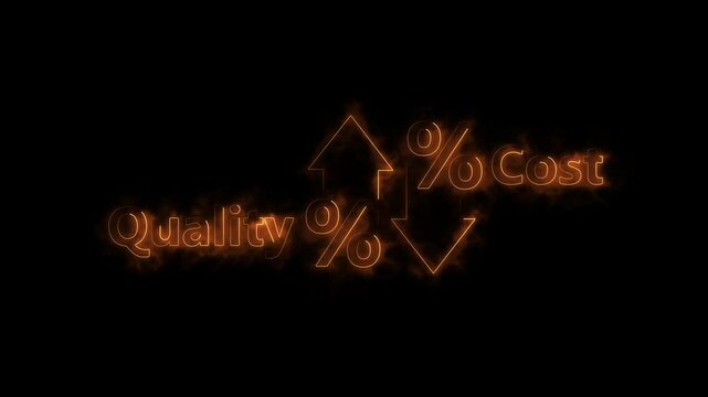 Quality with up neon arrow and cost with down neon arrow on black background.virtual cost and quality icons to Improve work efficiency for quality control and company cost reduction.