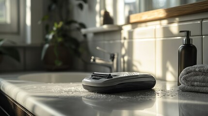 A clean bathroom counter with shaving products in bright sunlight
