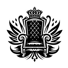 Regal Throne Emblem: Crown, Wings & Tufted Back, Monochromatic Vector