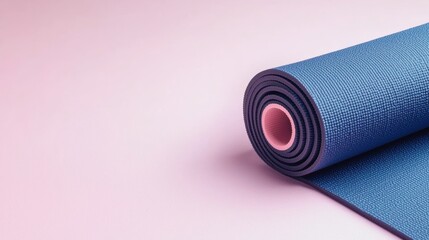 Yoga mat rolled out against a soft pink background, showcasing its texture and design.
