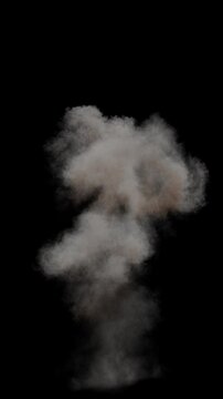 Realistic high resolution ground explosion rendering with fire and smoke plume. Full frame 3D animation fireball detonation and combustion on black background with alpha channel. Cgi vfx plate shot.