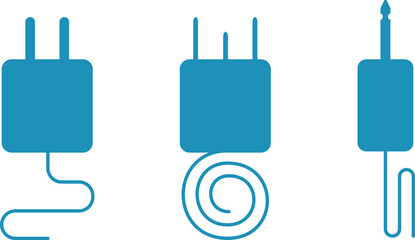 Electric plugs for charging phones and tablets, headphone plug, blue vector icons