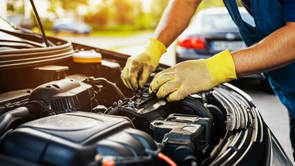 Mechanic working on car engine in an outdoor garage during daylight hours with focus on tools and vehicle maintenance
