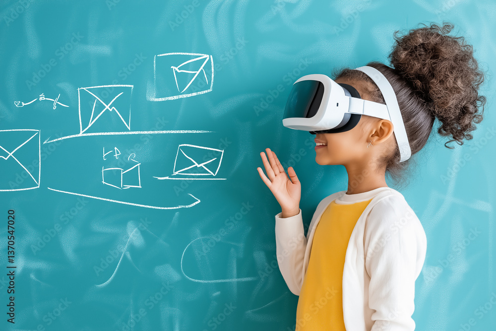 Poster child wearing virtual reality headset engaging with digital models displayed on chalkboard. bright c