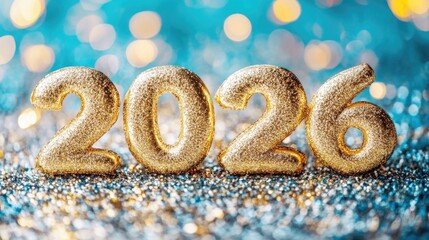 Celebrating the arrival of 2026 with shimmering golden decorations and sparkling blue background in festive atmosphere