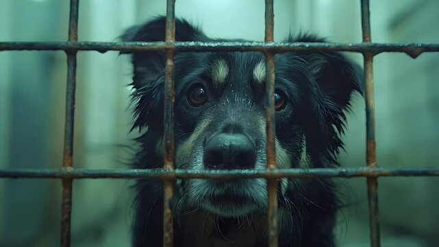 Sad dog peering through kennel bars, conveying shelter vulnerability, seeking loving forever home amid confined surroundings