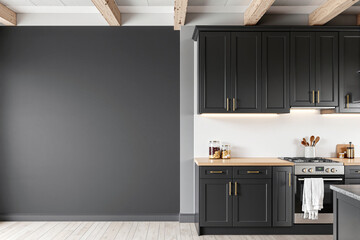 Empty wall beside dark modern kitchen cabinets in bright clean room interior with wood accents and soft lighting, perfect for poster or branding mockup. Ai generative