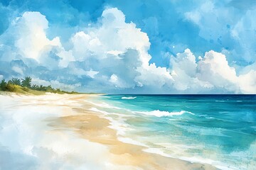 Watercolor Beach Scene with Turquoise Water and Cloudy Blue Sky