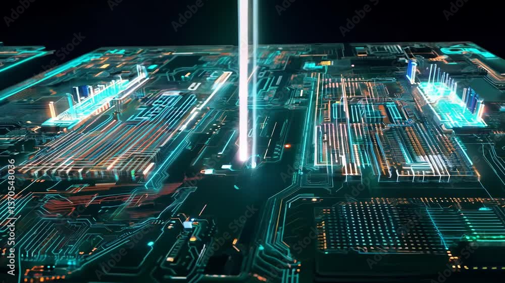 Poster Motherboard with chips transferring network signals. Circuit board concept with calculations on the chip blocks