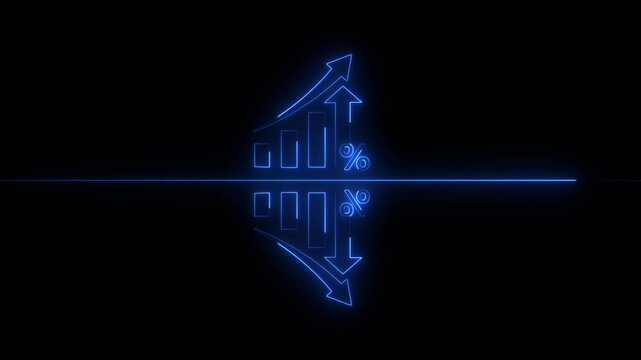 Neon line Percentage icon Quality control growth graph and cost reduction animation. Percentage quality with up arrow, cost with down arrow.