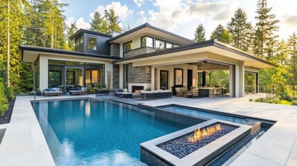 Fototapeta premium Modern luxury home with serene poolside oasis nestled in nature's embrace during golden hour
