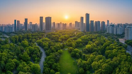 Obraz premium Urban green paradise at sunset with a breathtaking view of the skyline and nature's embrace