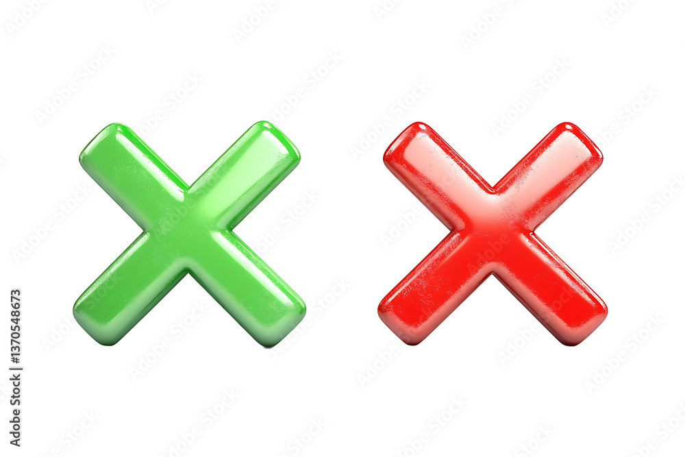 Poster a glossy green x and a glossy red x side by side against a black background in a close up view