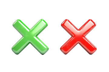 Obraz premium A glossy green x and a glossy red x side by side against a black background in a close up view