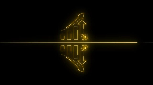 Neon line Percentage icon Quality control growth graph and cost reduction animation. Percentage quality with up arrow, cost with down arrow.