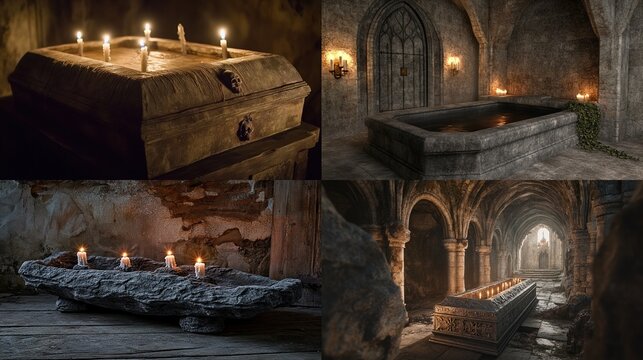 Ancient stone tombs, candles, crypt, gothic architecture, dark interior.