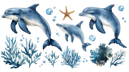 Fototapeta premium Aquatic Ballet: a watercolor artwork of dolphins gracefully dancing amidst coral and bubbles, bringing the ocean's wonders to life.