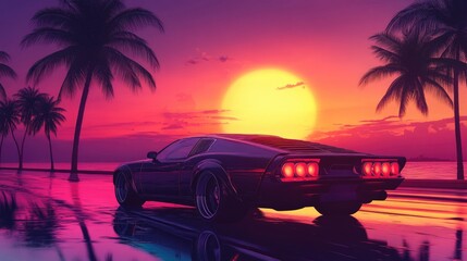 Vibrant sunset reflections illuminate a classic car parked under tropical palms by the coastline