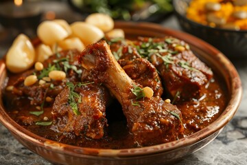 Bhuna Gosht plated with bone in lamb, rich gravy smear and fried garlic chips